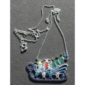 Vintage NOS Christmas Sleigh With Christmas Tree & Presents Necklace